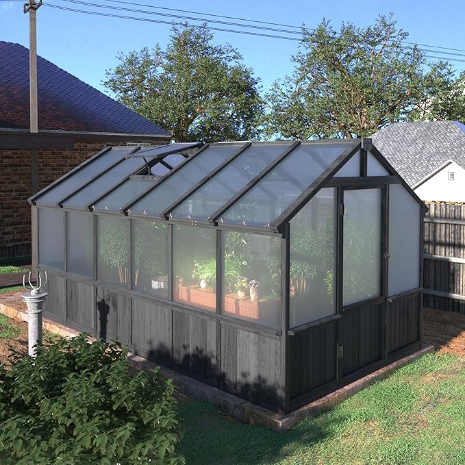Yardenaler 8x12 FT Greenhouse Kit with 6MM Thick Polycarbonate Panel for Outdoor, Wooden Walk-in Green House with Adjustable Roof Vent and Lockable Door, Backyard, Garden, Black