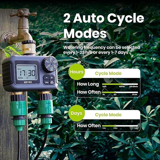 Kryso 2-Zone Sprinkler Timer with Brass Inlet & Outlet – Programmable Garden Hose Water Timer with Rain Delay, Manual & Automatic Irrigation Controller for Yard, Lawn & Outdoor Watering