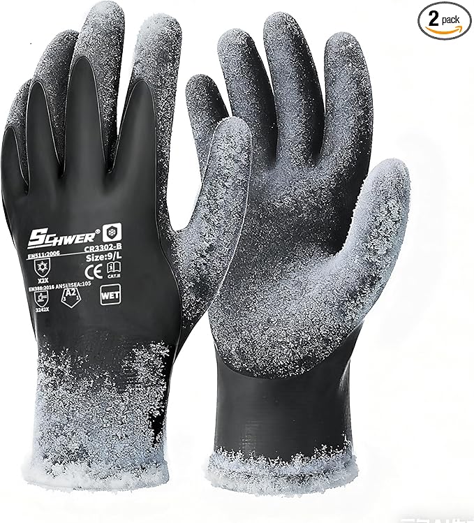Schwer 2 Pairs 100% Waterproof Winter Work Gloves, ANSI A2 Cut Resistant Freezer Gloves for Outdoor Cold Weather Keep Hands Warm, Thermal Insulated Gloves for Shoveling Snow, Ice Fishing, XXL