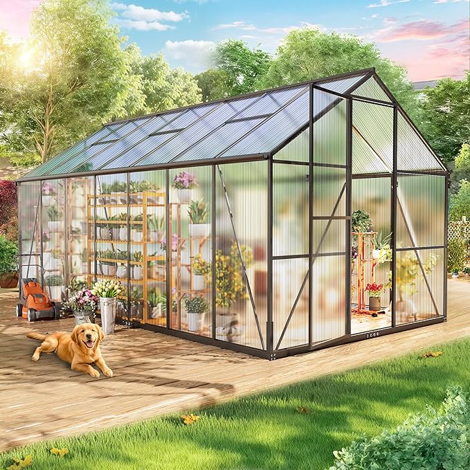 Wanan 8x14FT Greenhouses for Outdoors, Quick Assembly Polycarbonate Green House with UV Protection, Windproof Aluminum Frame Heavy Duty, Adjustable Roof Vent for Backyard or Outdoor Garden Use