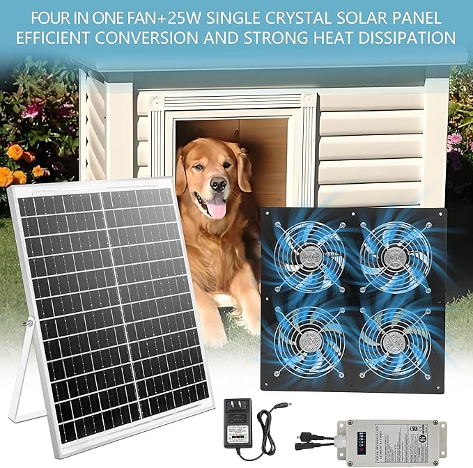 HNRLOY Solar Exhaust Fan for Greenhouse, Solar Chicken Coop Fan with 25W Solar Panel & 4 Pcs High-Speed Brushless DC Ventilation Fans for Shed,Attics,Barns,Dog Houses with 6000mAh Battery