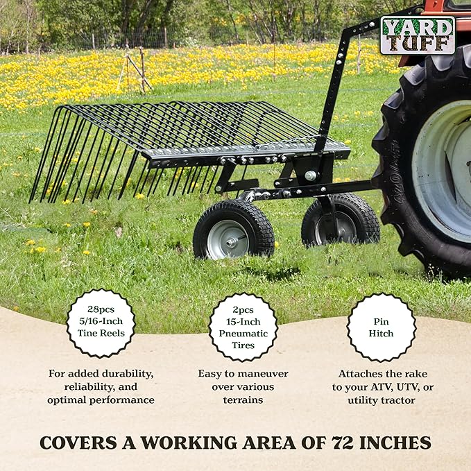 Yard Tuff 72 Inch Durable Steel Rake, Wheels, Lift Handle & Hitch for ATV, UTV, or Tractor