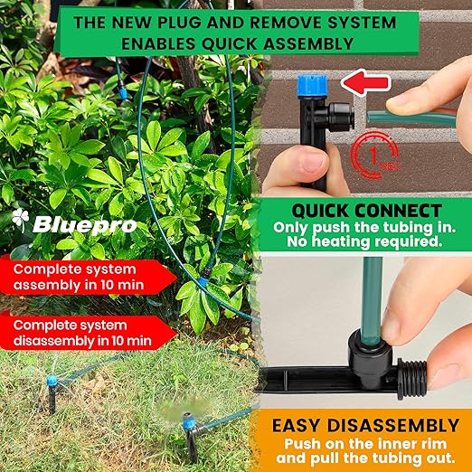 Bluepro 230FT Drip Irrigation System, Quick-Connect Automatic Garden Watering Misting System for Greenhouse, Yard, Lawn with 1/2 inch Hose, 1/4 inch Distribution Tubing, Drip Emitters, Connectors