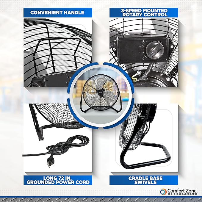 Comfort Zone 18-Inch High-Velocity Industrial Floor Fan, Heavy-Duty 3-Speed Metal Shop Fan with 180° Adjustable Tilt & Carry Handle, Quiet Vibration-Free Cooling for Garage, Workshop, & Home