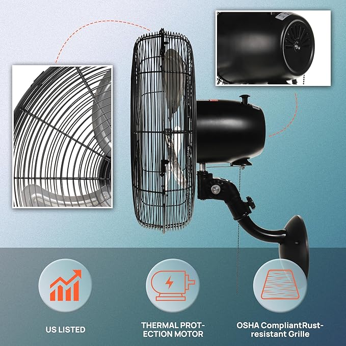 Tornado 20 Inch Pro Series High Velocity Wall Mount Fan, Oscillating Industrial, Commercial & Residential Fan, 3-Speed, 5250 CFM, 1550 RPM, 1/6 HP, 6.6 FT Cord, UL Listed