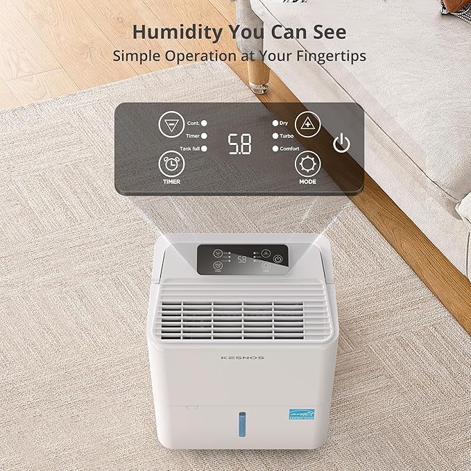 Kesnos 2,500 Sq. Ft. Energy Star 2025 Dehumidifier for Home & Basement, Ideal for Bedroom with Ultra Quiet 36 dB, 0.39-Gallon Water Tank with Drain Hose, 4 Pre-Set Modes, Auto Defrost, Timer