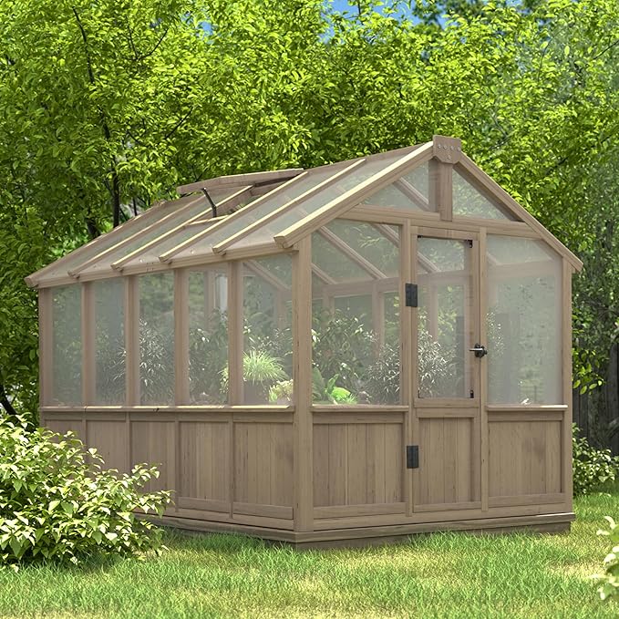 Yardenaler 6x10 FT Green House for Outdoor, 6MM Thick Polycarbonate Panel Wooden Walk-in Greenhouse Kit with Lockable Door and Adjustable Roof Vent, Backyard Garden, Light Mocha Brown