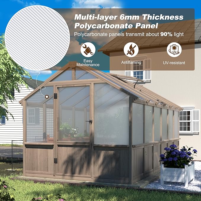 Yardenaler 8x12 FT Greenhouse Kit with 6MM Thick Polycarbonate Panel for Outdoor, Wooden Walk-in Green House with Adjustable Roof Vent and Lockable Door, Backyard, Garden, Light Mocha Brown