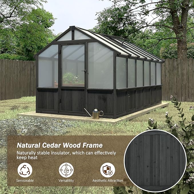 Yardenaler 8x12 FT Greenhouse Kit with 6MM Thick Polycarbonate Panel for Outdoor, Wooden Walk-in Green House with Adjustable Roof Vent and Lockable Door, Backyard, Garden, Black
