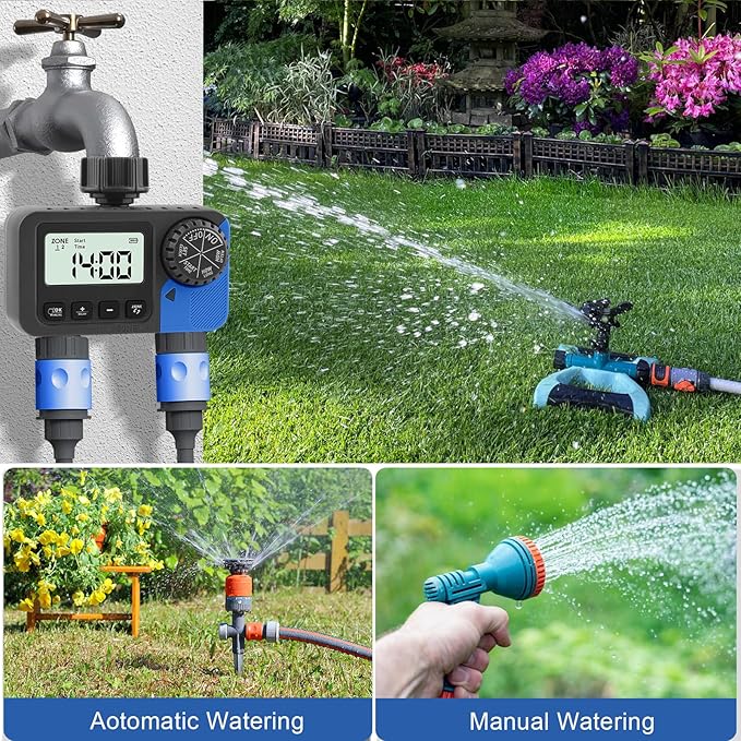 Sprinkler Timer Water Timer for Garden Hose, Sprinkler Timers 2 Zone, Smart Programmable Watering Timer with Auto/Manual/Rain Delay Modes
