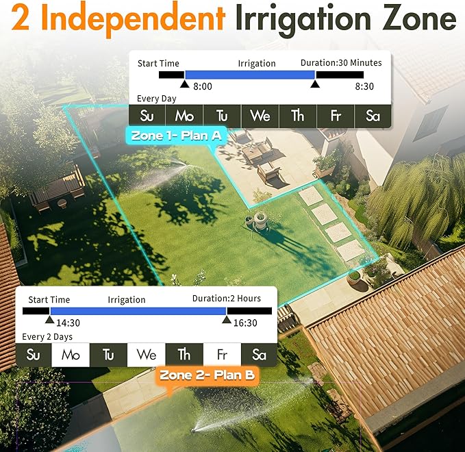 Diivoo Sprinkler Timer 2 Zone, Programmable Water Hose Timer 2 Outlet for Garden, Outdoor Automatic Irrigation System IPX5 Waterproof with Rain Delay/Manual for Lawn, Yard, Pool
