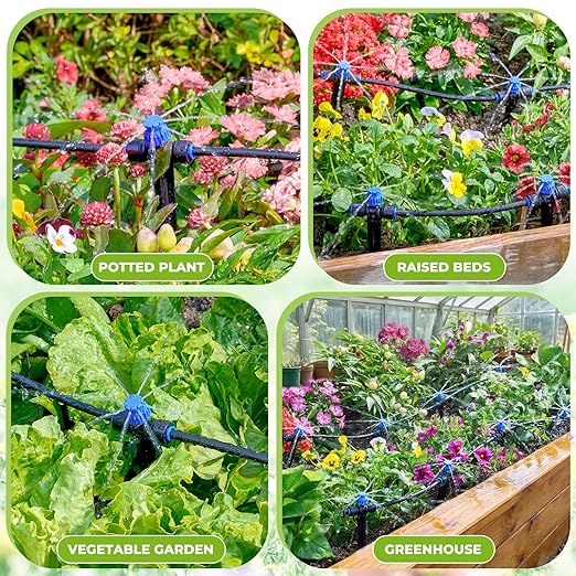 HIRALIY 50FT Drip Irrigation Kit with Garden Water Timer-2 Zone, Automatic Garden Watering System for Raised Bed, Quick Connect Design, Irrigation System for Plant Patio