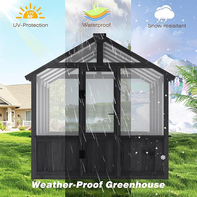 Yardenaler 6x8 FT Outdoor Greenhouse with Thickened Polycarbonate Panel, Wooden Walk-in Green House with Lockable Door and Adjustable Roof Vent, Backyard Garden, Black