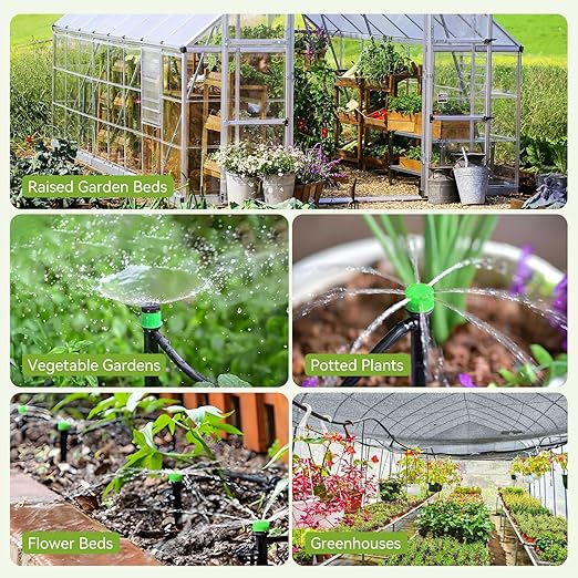 Drip Irrigation Kit for Garden, Raised Beds, Lawn - Adjustable Watering System with Drip Emitters, 5/16" & 1/4" Tubing, Barbed Fittings