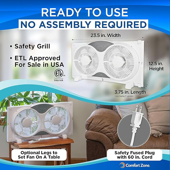 Comfort Zone Window Fan for Bedroom, 9 inch 3 Speed Dual Fans with Auto-Locking Expanders, 3 Modes (Cool, Circulate, Exhaust), Remote Control, Fabric Cover plus Bug Screen, White
