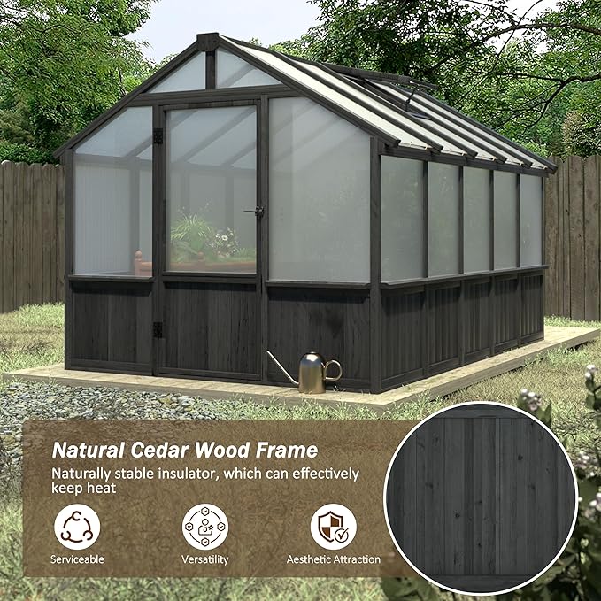 MUPATER 8x10 FT Walk-in Greenhouse Kit Outdoor, Large Wooden Greenhouse with 6mm Polycarbonate Panels, Adjustable Ventilation & Locking Door for Backyard, Patio, Black