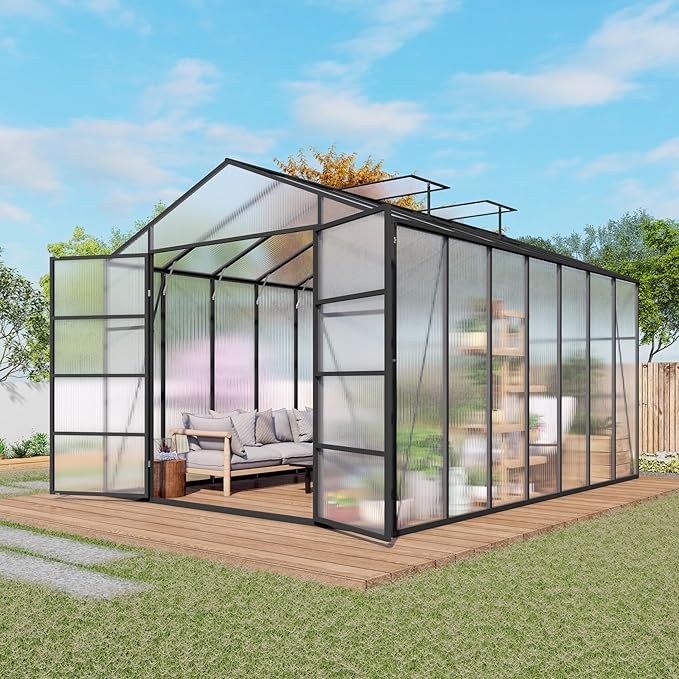 104in High 10x14FT Greenhouse for Outdoors, Polycarbonate Greenhouses with Stronger Wind Protection and Roof Vent, Walk-in Large Aluminum Winter-Proof Sunroom, Black
