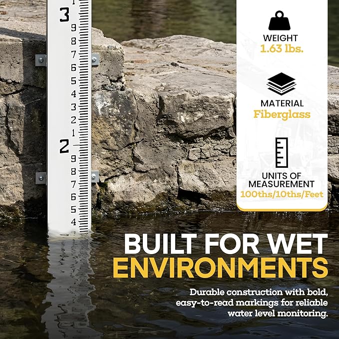 AdirPro 4" Wide Staff Gauge 0-4 Feet | Water Level & Stream Depth Gauge with 100th & 10th Foot Graduations | Heavy-Duty All-Weather Fiberglass Flow Gauge