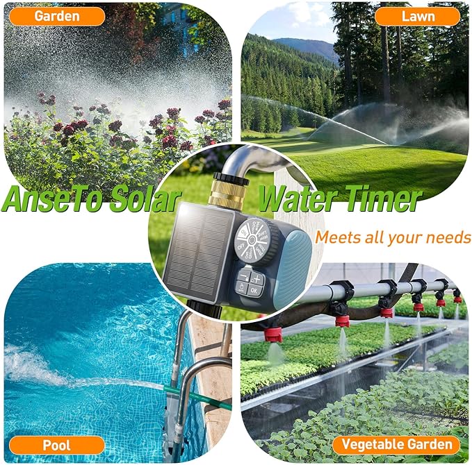 Solar Sprinkler Timer, Solar & Type-C Rechargeable Water Timer for Garden Hose, Programmable Faucet System with Rain Delay/Manual/Auto Mode, Digital Irrigation Controller for Lawn/Yard/Pool
