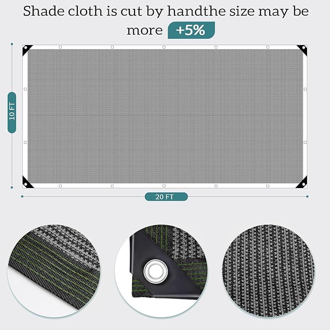 90% Grey Shade Cloth, 10x20FT Resistant Garden Sun Shade Net, Durable Mesh Shade Tarp with Reinforced Grommets for Greenhouse, Plant, Chicken Coop, Pergola, Swimming, Canopy，Patio，Garden
