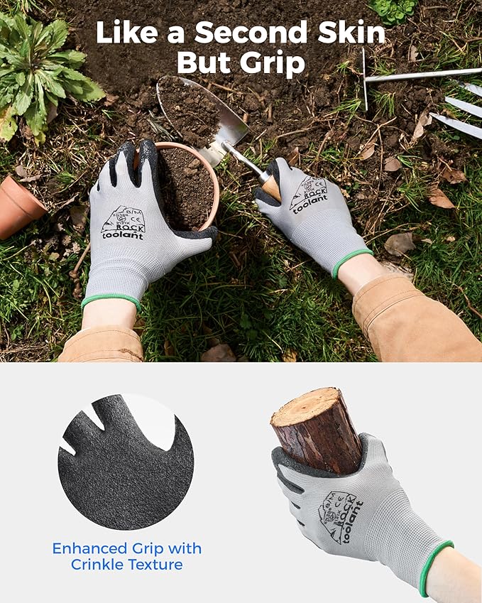 toolant Crinkle Latex Work Gloves Bulk, Rubber Coated Safety Work Gloves for Men and Women, 12 Pairs for Construction, Gardening, Warehouse (Black, Large)