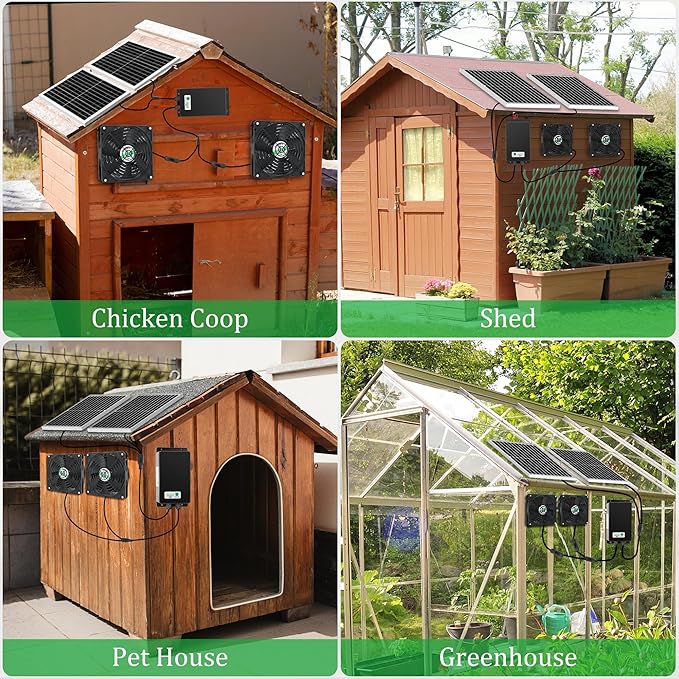 blessny 5.5" Solar Rechargeable 2 Fan Kit for Intake or Exhaust air, Weatherproofed 50W Solar Powered Fans for Outside Chicken Coops, Greenhouses, Shed, Pet House Air Ventilation