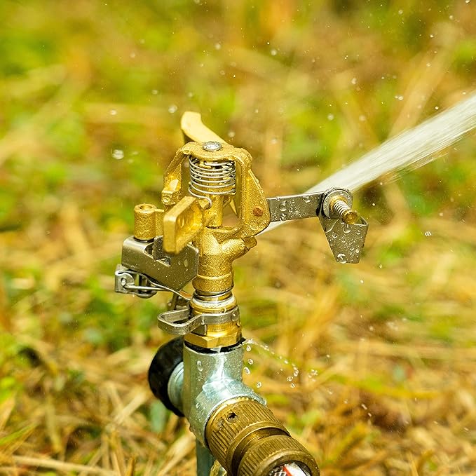 Hourleey 1/2 Inch Brass Impact Sprinkler, Heavy Duty Water Sprinkler Head, Adjustable 0-360 Degree Coverage Pattern, Watering Sprinkler with Nozzles for Large Patio Garden Irrigation (1 Pack)