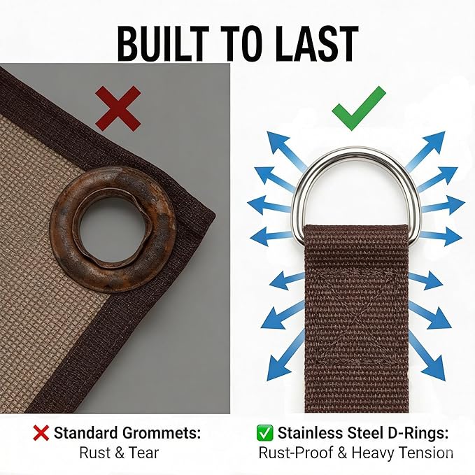6X8 FT 90% Sun Shade Cloth, Sunblock Shade Fabric with D-Rings, Sunshade Cover for Patio Pergola Deck, UV Protected Breathable Netting with Zipties & Ropes, Mocha