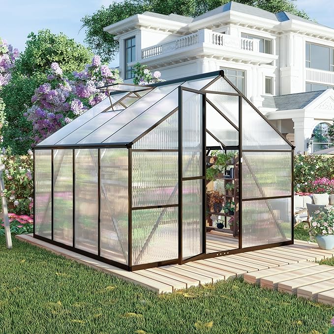 8x8 FT Greenhouses for Outdoors, Polycarbonate Greenhouse with PC Panels, Greenhouses for Outdoors for Yard, Garden, Hobby, Dark Gray