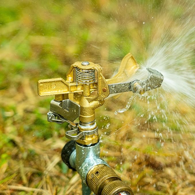 Hourleey 1/2 Inch Brass Impact Sprinkler, Heavy Duty Water Sprinkler Head, Adjustable 0-360 Degree Coverage Pattern, Watering Sprinkler with Nozzles for Large Patio Garden Irrigation (1 Pack)