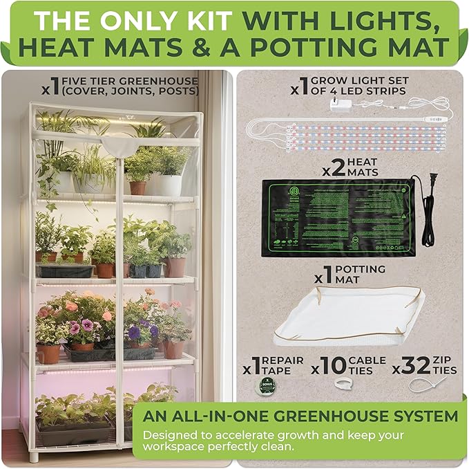 Carpathen Indoor Greenhouse with Grow Light - 4 Tiers 27.2"L x 19.3"W x 54"H with 2 Heat Mats and 4 Dimmable 15W Full Spectrum LED Light Strips w Spectrum Control - Mini Greenhouse with Zip PVC Cover