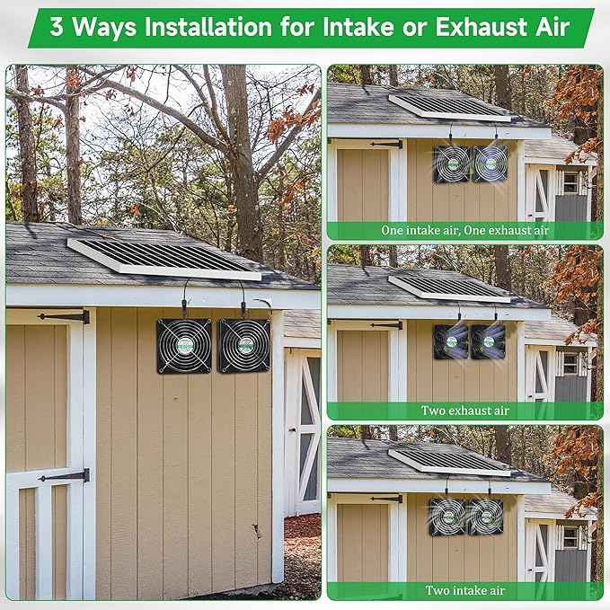 blessny 5.5" Solar 2 Fan Kit for Intake or Exhaust air, Weatherproofed Solar Powered Fans for Outside Chicken Coops, Greenhouses, Shed, Pet House Air Ventilation