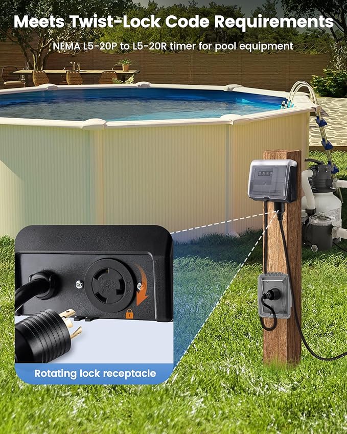 SURAIELEC WiFi Pool Timer for Above-Ground Pools, Twist-Lock NEMA L5-20R Plug-in Timer, 20A 125V 1HP, Weatherproof PC Cover, App Control, Ideal for Pool Pumps, Filters, Lights, and Saltwater Systems