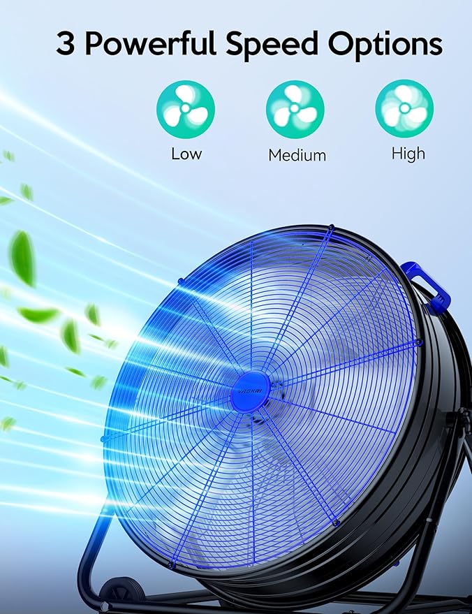 VAGKRI 24 Inch Industrial Drum Fan, 320W High Velocity Floor Fan, 3 Speed Heavy Duty Metal Air Circulator, 360° Tilt with Casters Handle ETL Standard for Patios, Warehouse, Commercial,Basement (Blue)