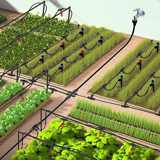 TWOWYHI 98FT 1/4 Inch 50FT 1/2 Inch Tubing Drip Irrigation System Kit Garden Irrigation Equipment Adjustable Quick Connector Watering Misting for Outdoor Yard Lawn Raised Bed Greenhouse