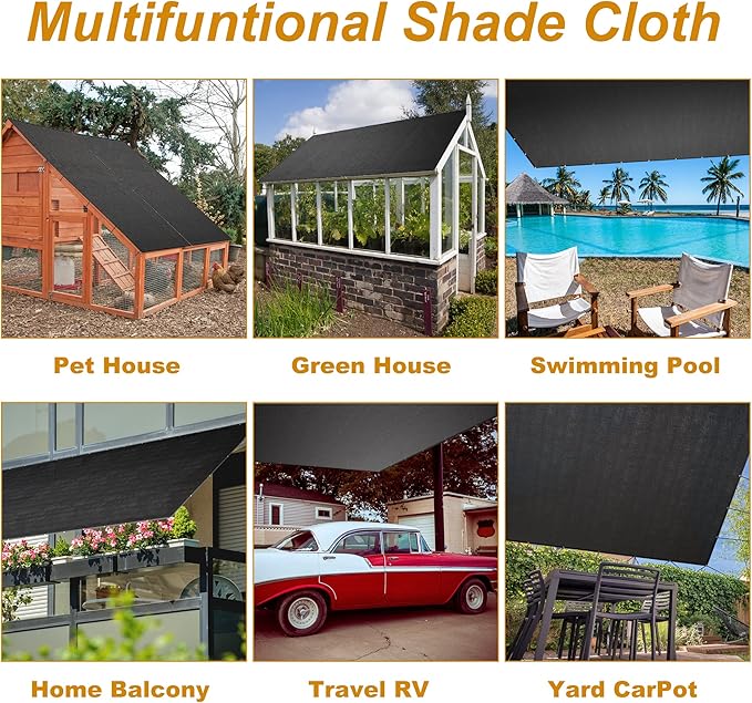 SPORTYOUTH 70% Sun Shade Cloth, 10x50 Ft Shade Mesh Tarp with Grommets, Black Sunblock Cover UV Resistant for Outdoor, Patio, Garden, Pergola, Greenhouse, Chicken Coop, RV, Canopy, Balcony, Barn