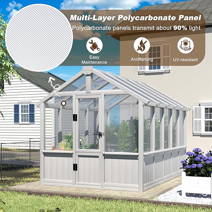 Yardenaler 6x10 FT Green House for Outdoor, Thicken Polycarbonate Panel Wooden Walk-in Greenhouse Kit with Lockable Door and Adjustable Roof Vent, Backyard Garden, White