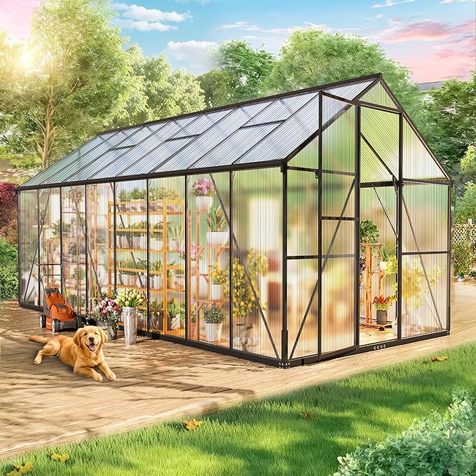 Wanan 8x16FT Greenhouses for Outdoors, Quick Assembly Green House with UV Protection, Heavy Duty Windproof Aluminum Frame, Adjustable Roof Vent for Backyard or Outdoor Garden Use