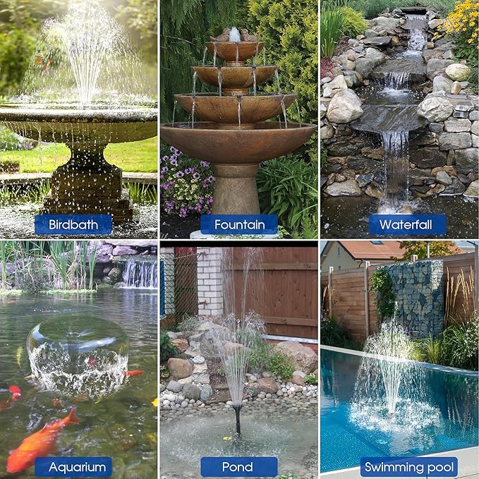 Biling 12W Solar Fountain Pump, 160GPH Submersible Solar Pond Pump with Filter and Dry Run Protection, 4.9ft Lift, 16.4ft Cord, 4 Nozzles, Tubing for DIY Fountain, Pond, Outdoor Water Features