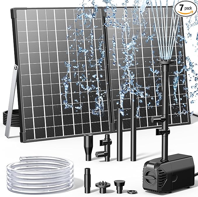 Biling 35W Solar Fountain Pump, 450GPH Submersible Solar Pond Pump with Dry Run Protection & Dual Filtration, Up to 10.8ft Lift, 16.4ft Cable, 4 Nozzles & Tubing for Pond Fountain, Water Features