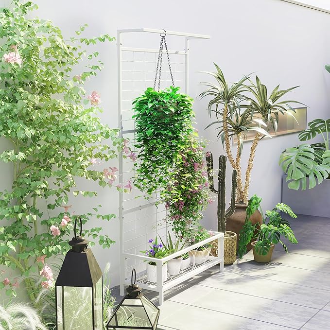 Outsunny Tall Plant Stand with Trellis and Hanging Bar, Metal Plant Holder Flower Stand for Vine Climbing Plants Flowers Indoor Outdoor Use, 36" x 12.8" x 74", White