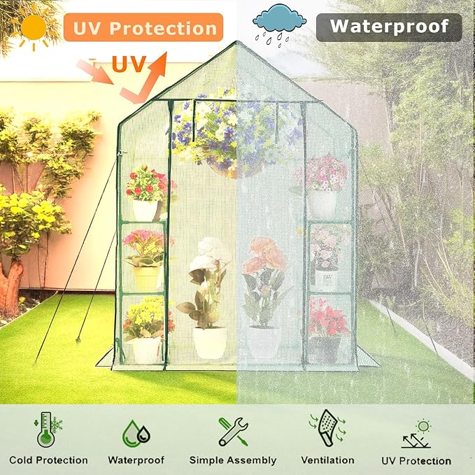 Purlyu Walk-in Greenhouse for Outdoors w/ Mesh Side Windows, 3 Tiers 6 Shelves PE Cover Green House Portable Warm House for Seedling Flowers Growing 20 Pcs T-Type Plant Tags Include (GHW001G)