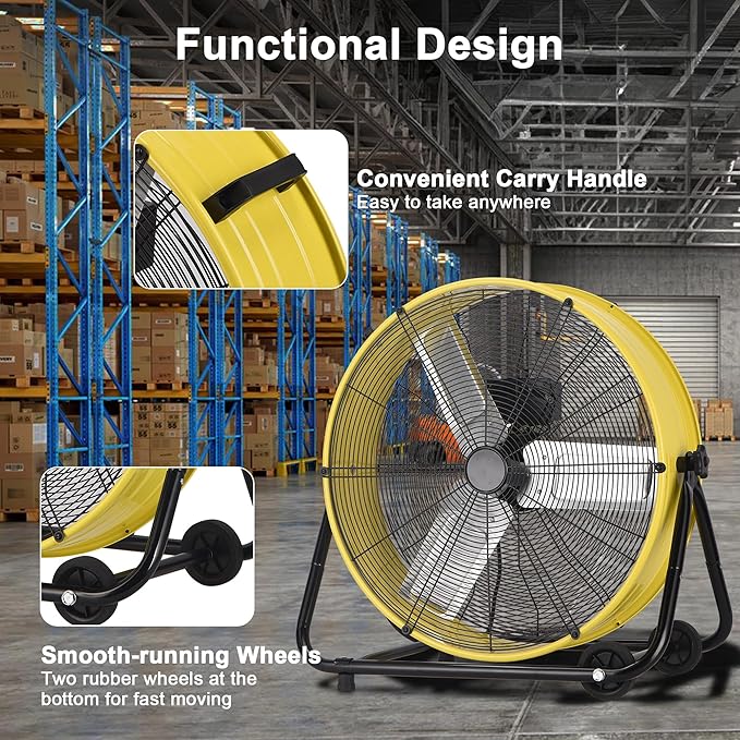 KEGIAN 30" Industrial Floor Fan, 14000 CFM High Velocity Drum Shop Fan, Heavy Duty, 3-Speed, 360° Fully Adjustable Tilt, Portable Wheels & Handle for Commercial, Warehouse, Garage, Workshop, Gym-ETL