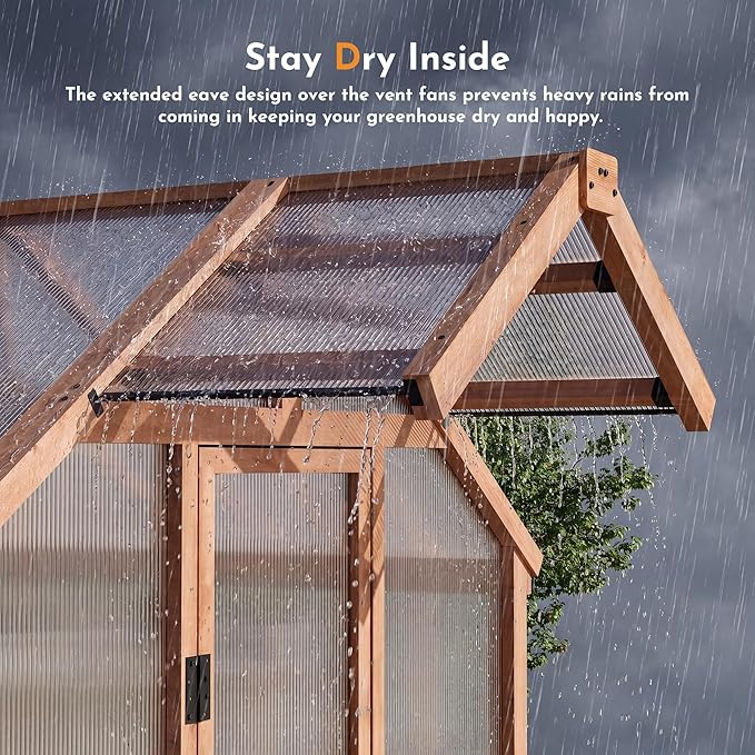 Modern Shade EverBloom 6.5'x10' Wooden Greenhouse, 8' Extra-Tall Cedar Wood Greenhouse with Built-in Outdoor Faucet Kit, Heavy Duty Greenhouse with Built-in Shelving, Power Strip & Ventilation System