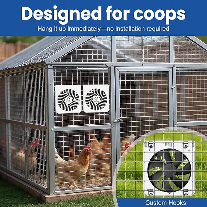 Solar Exhaust Fan for Chicken Coop with Battery, Solar Powered Fan with 25W Bifacial Solar Panel & Dual 5.5" Hang & Use Fans Kits