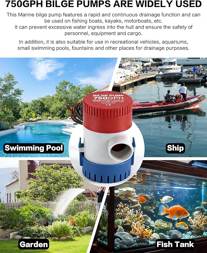 IZTOSS 750GPH Bilge Pump 12V Submersible Marine Electric Bilge Water Pump for Boat Caravan RV Non-Automatic