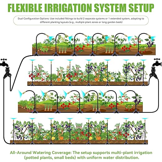 200FT 360° Adjustable Drip Irrigation Kit System for Garden Sprinklers for Yard Garden Watering System with 32 Nozzles Raised Bed Greenhouse Plant Watering Devices Misting System