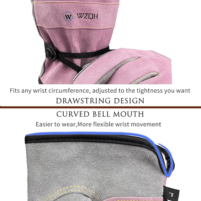 WZQH Leather Work Gloves for Men or Women. Large Glove for Gardening, Tig/Mig Welding, Construction, Chainsaw, Farm, Ranch, etc. Cowhide, Cotton Lined, Utility, Firm Grip, Durable. Pink-Grey L