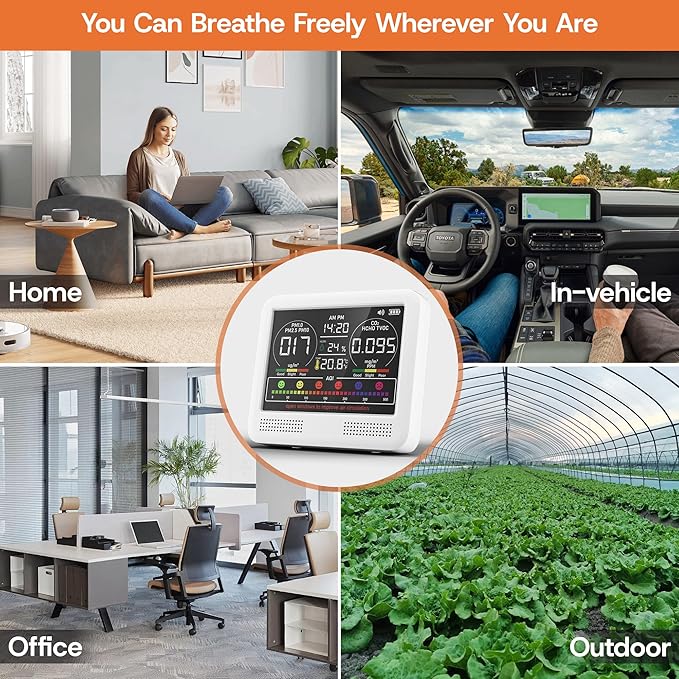 16-in-1 Indoor Air Quality Monitor with PM1.0,PM2.5,PM10,CO2,HCHO,TVOC,Temperature,Humidity,Time Display &7 AQI Alarms – Professional Air Quality Tester for Home, Office & Indoor Use (Ivory White)