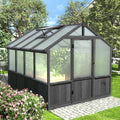 Yardenaler 8x8 FT Greenhouse Kit for Outdoor, 6MM Thick Polycarbonate Panel Wooden Walk-in Green House with Lockable Door and Adjustable Roof Vent, Backyard Garden, Black